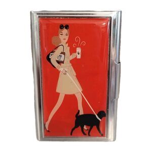 Vintage Metal Business /Credit Card Holder Compact Woman Walking Dog Coffee Red